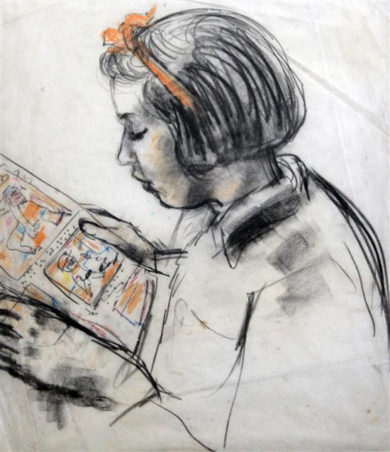 Ruskin Spear (1911-1990) Portrait of a girl reading a comic book 45 x 40cm.